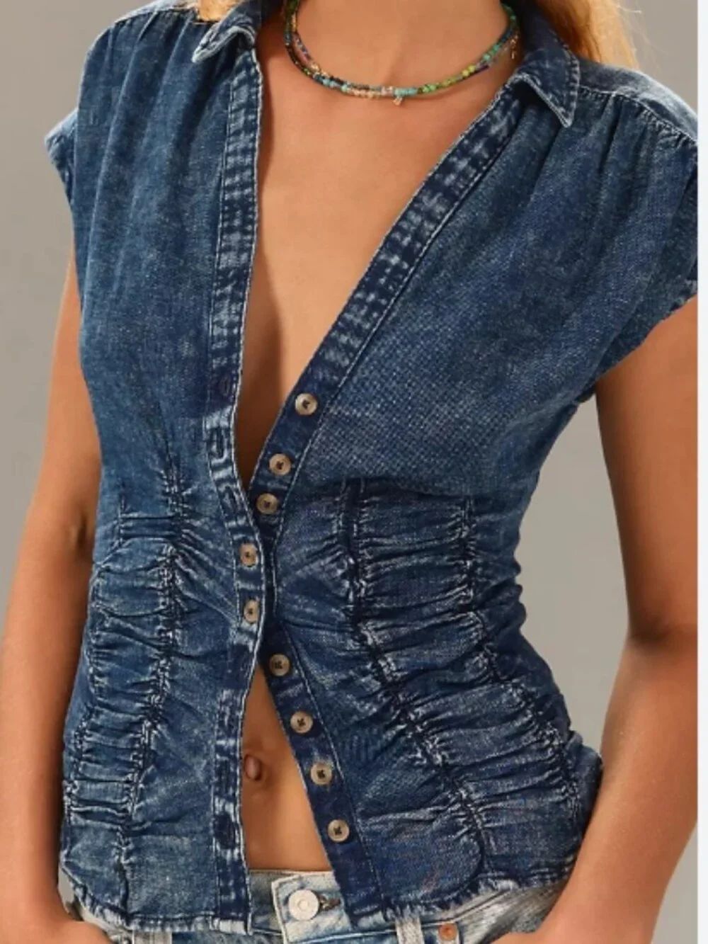 Like New! ANTHROPOLOGIE Pilcro Ruched Denim Blouse in XS